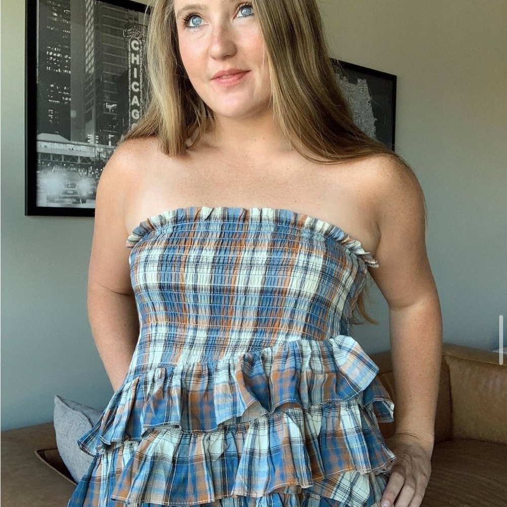 Blue and Brown Plaid Skirt / Strapless Top